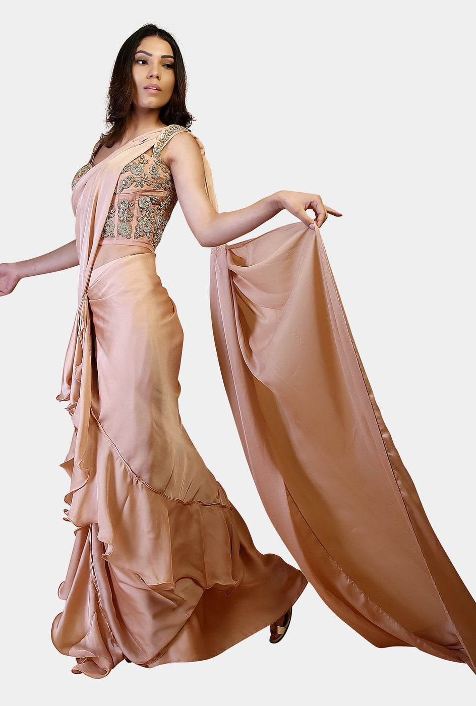 Akhila nude frilled corset sari - knv-dash