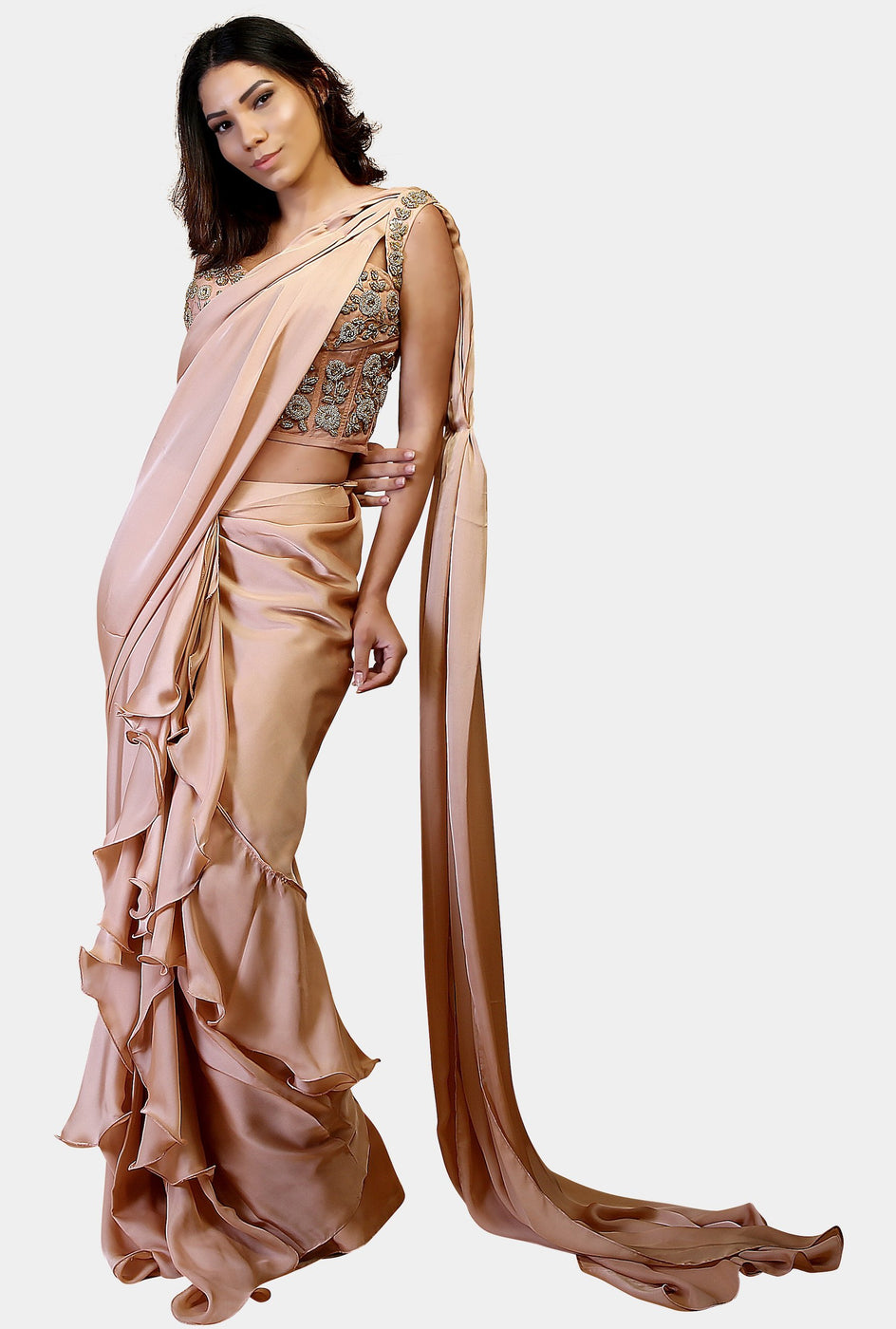 Akhila nude frilled corset sari - knv-dash