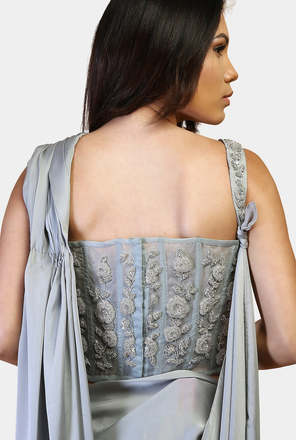 Akhila grey frilled corset sari - knv-dash