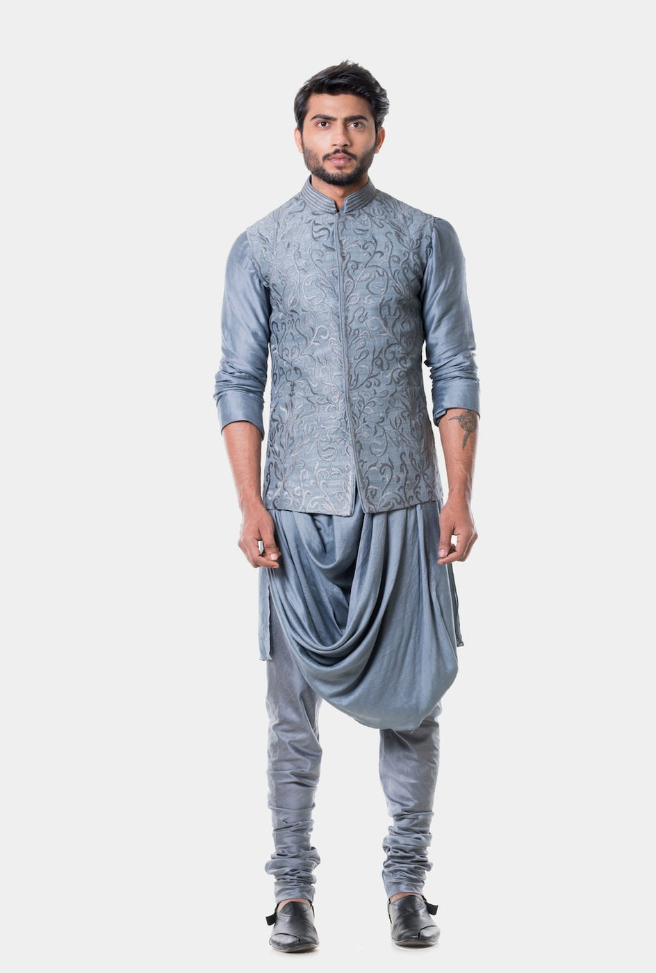 Amir grey kurta with embroidered waistcoat - knv-dash