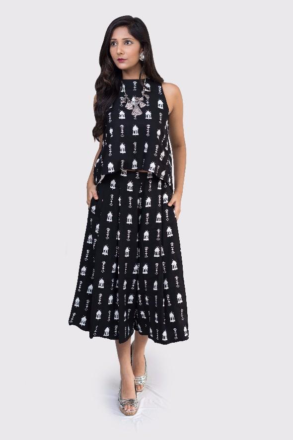 Anju black and white printed culotte pant set - knv-dash