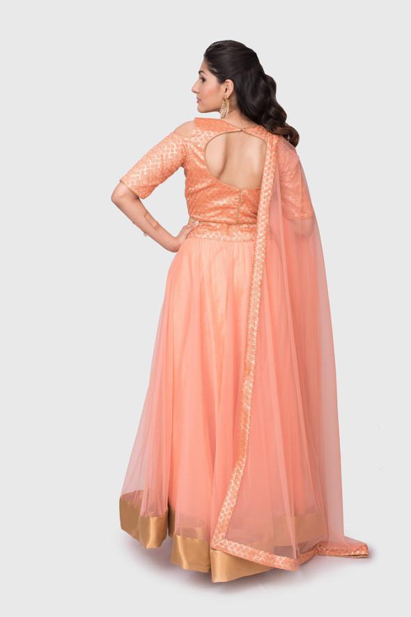 Amrusha peach and gold cold shoulder lehenga set - knv-dash