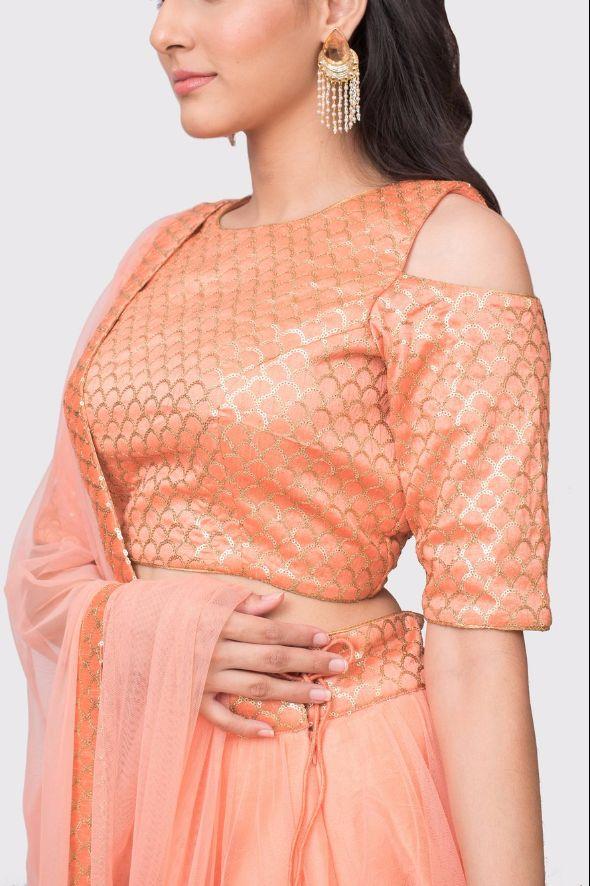Amrusha peach and gold cold shoulder lehenga set - knv-dash