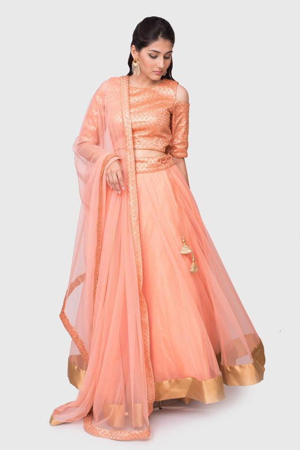 Amrusha peach and gold cold shoulder lehenga set - knv-dash