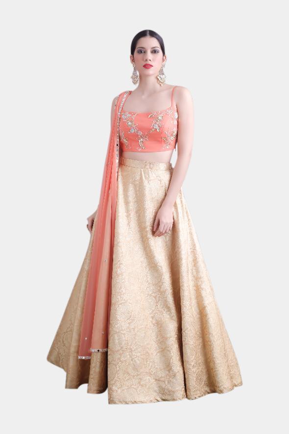 Aasmi gold and peach brocade lehenga set - knv-dash