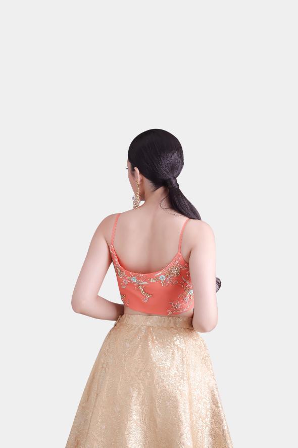 Aasmi gold and peach brocade lehenga set - knv-dash