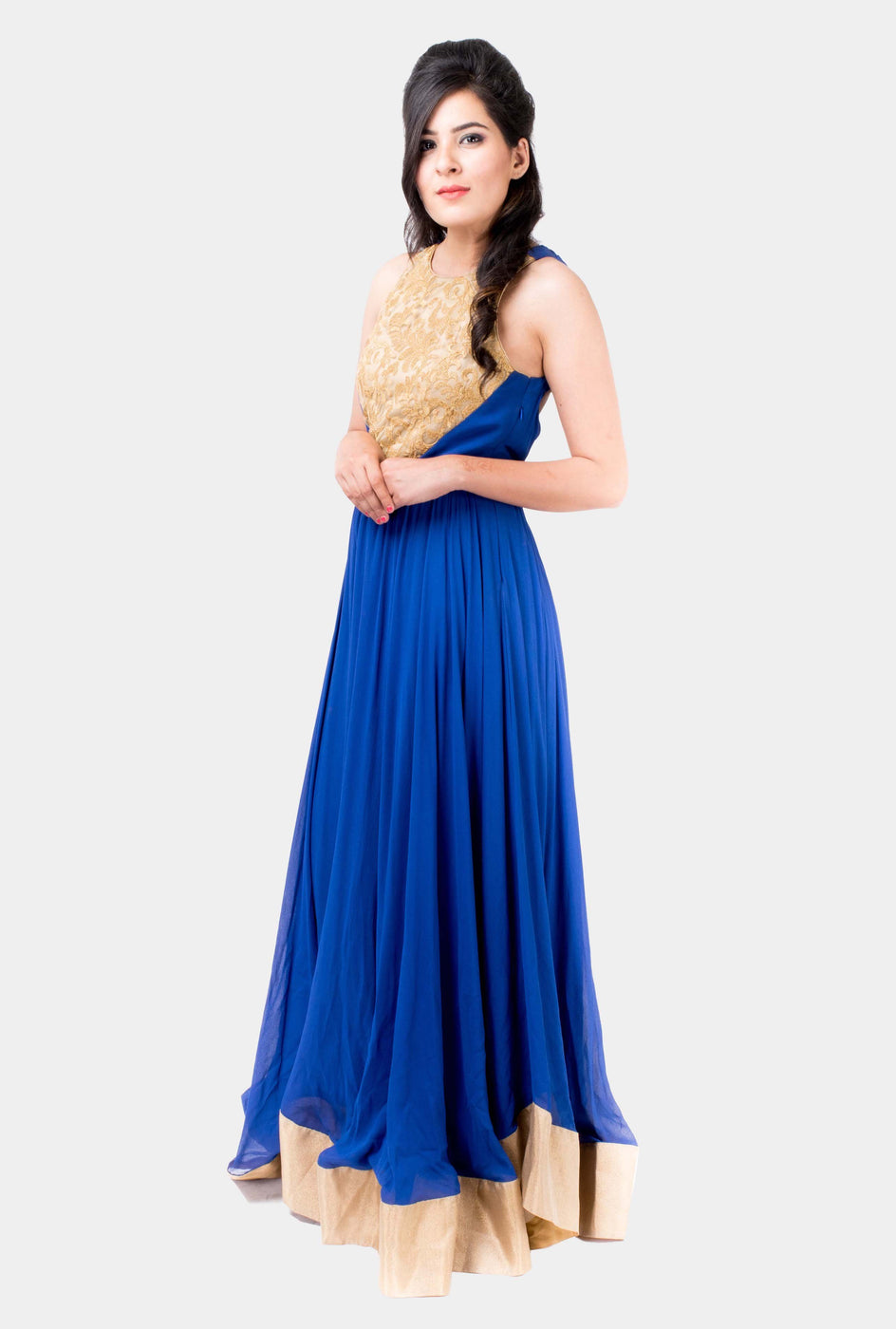 Anasuya royal blue and gold anarkali set - knv-dash