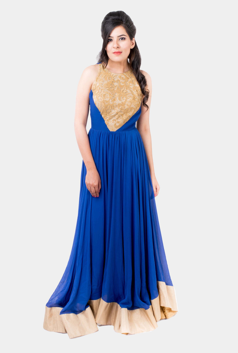Anasuya royal blue and gold anarkali set - knv-dash