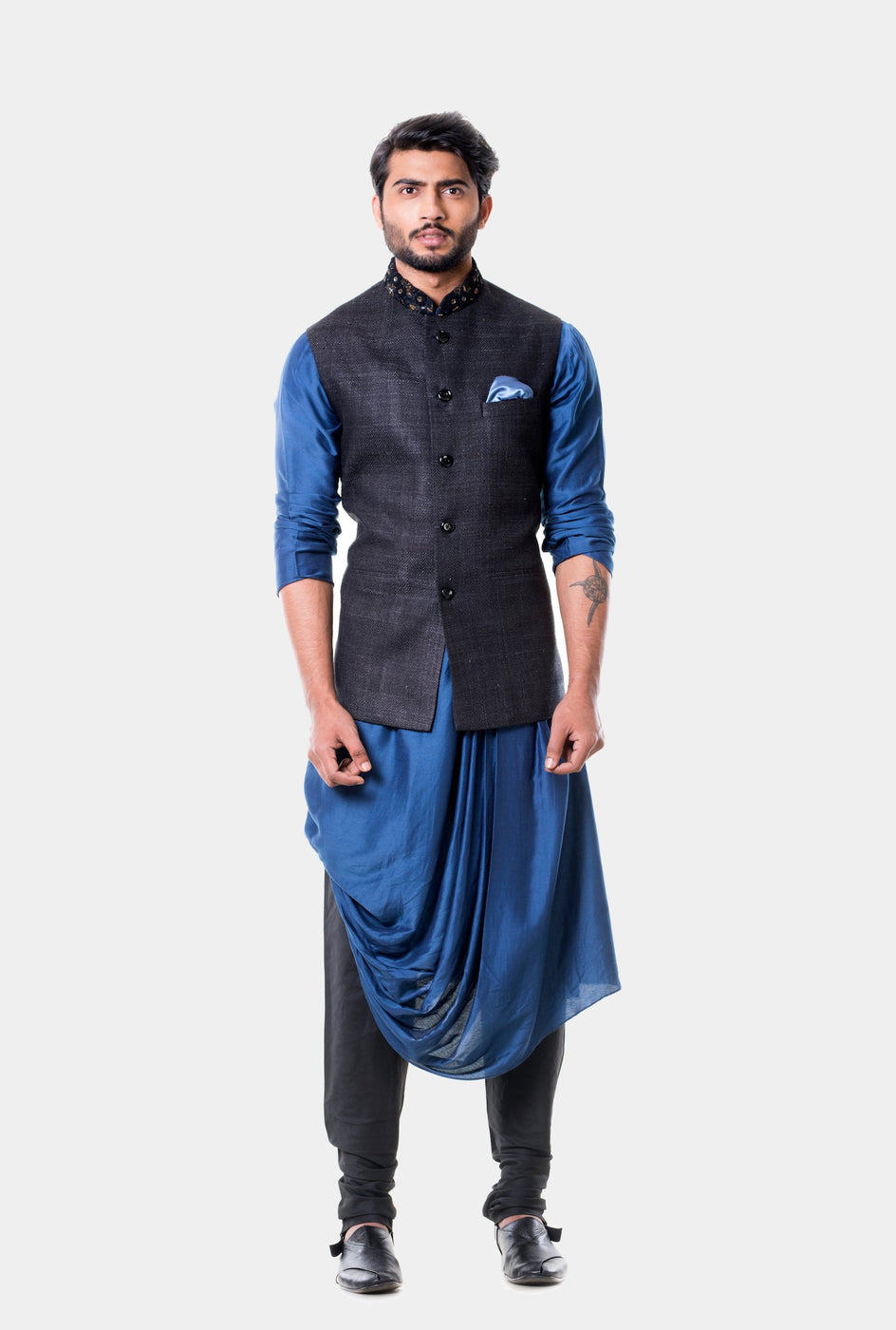 Anshnew blue kurta set with embroidered waistcoat - knv-dash